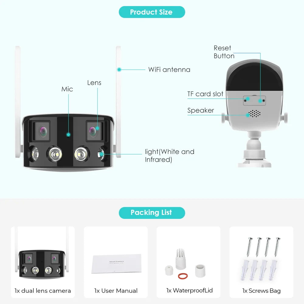 Cámara fija panorámica de doble lente con WIFI de 2K/4 MP y ángulo de visión amplio de 180° - Cámara IP para exteriores (ICsee)