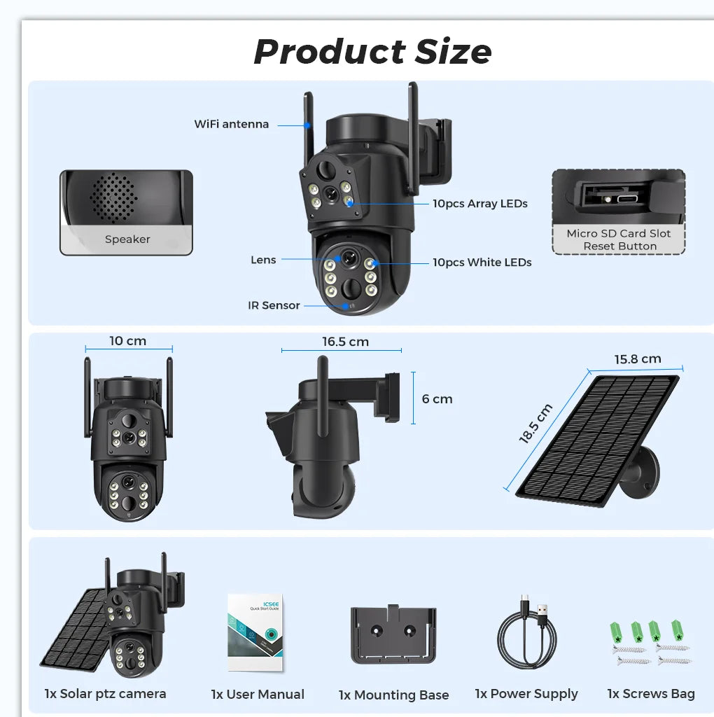Outdoor Wifi Security Camera With Dual Lens & Battery Solar