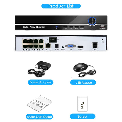 NVR CCTV POE 4K de 8 canales o 4 canales con detección de rostros y grabación las 24 horas del día, los 7 días de la semana