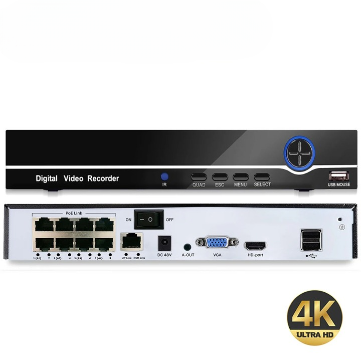 NVR CCTV POE 4K de 8 canales o 4 canales con detección de rostros y grabación las 24 horas del día, los 7 días de la semana