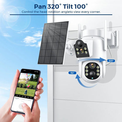 Cámara de seguridad solar con lente dual 4K y batería de 7800 mAh