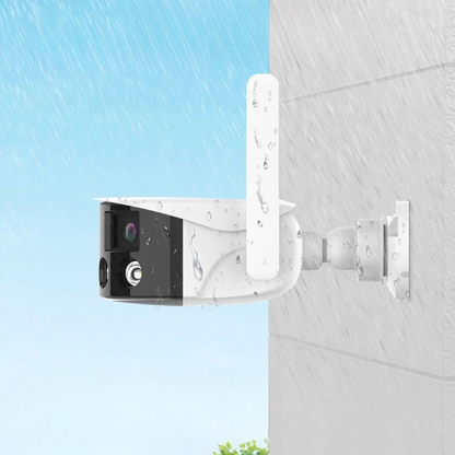Cámara fija panorámica de doble lente con WIFI de 2K/4 MP y ángulo de visión amplio de 180° - Cámara IP para exteriores (ICsee)