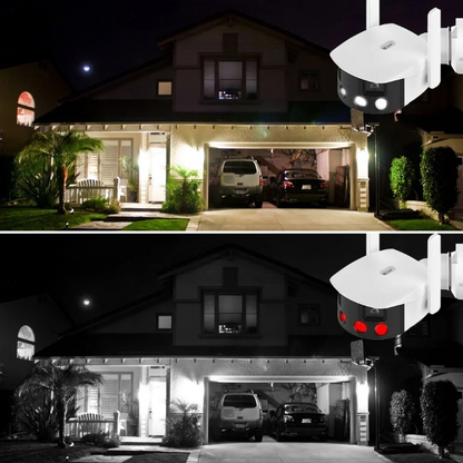 Cámara fija panorámica de doble lente con WIFI de 2K/4 MP y ángulo de visión amplio de 180° - Cámara IP para exteriores (ICsee)